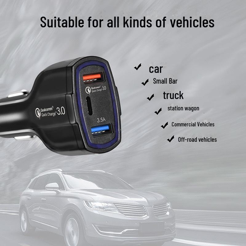 48W QC3.0 Dual USB & Type-C PD Car Charger with 5V/7A One-to-Three Cigarette Lighter Adapter