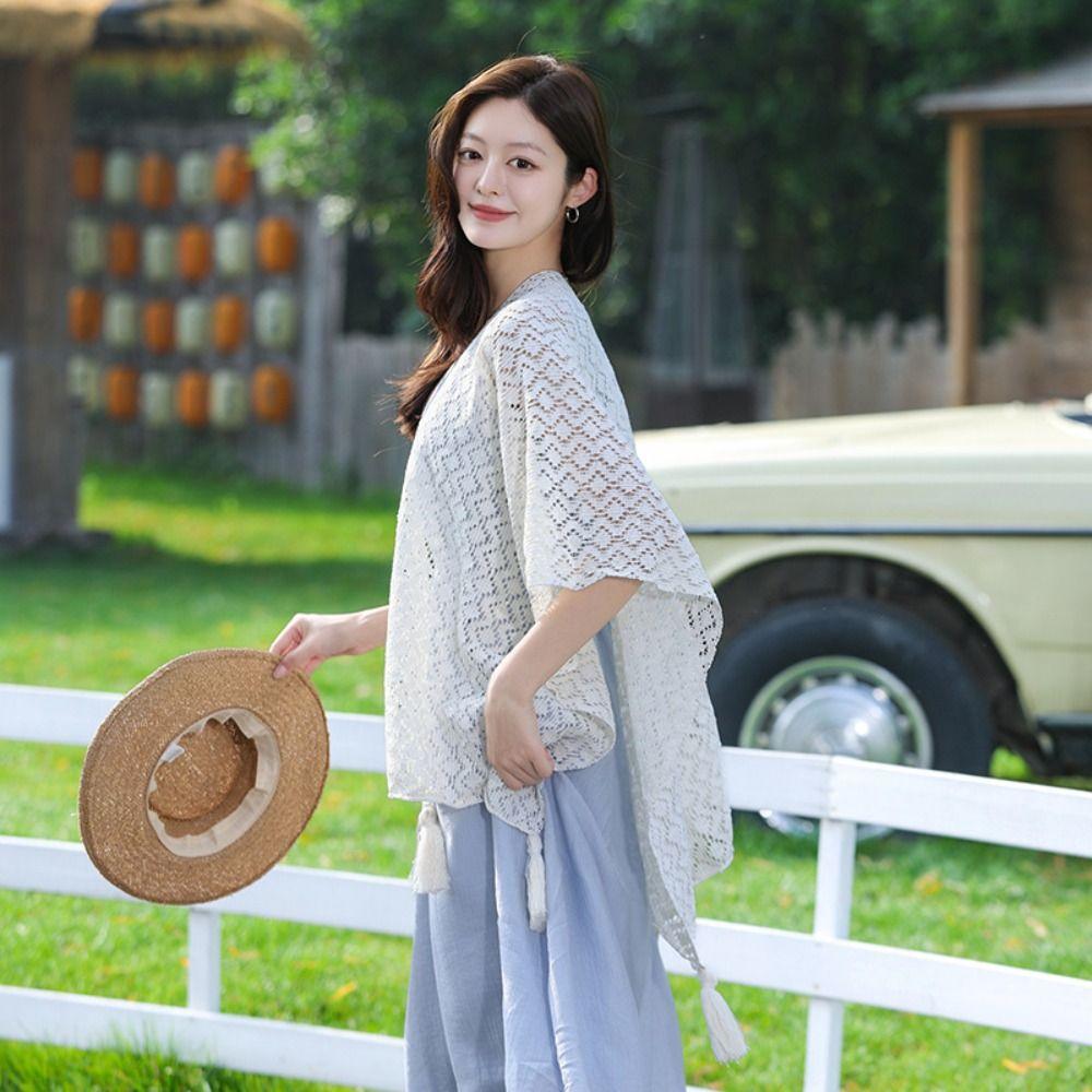 Colorful Ethnic Style Tassel Shawl Thin Beach Scarf Casual Sunscreen Crochet Cardigan  Travel