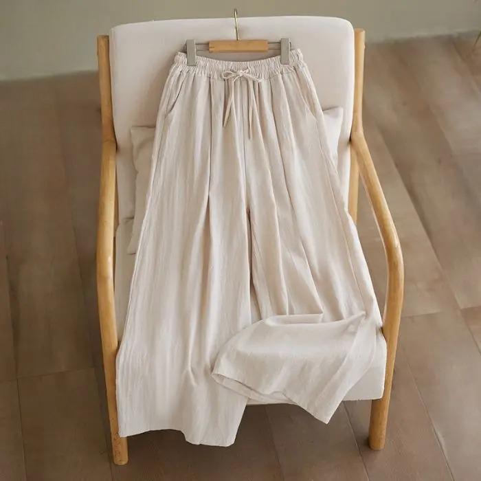 Loose Cotton Linen Wide Leg Pants Women's Summer Autumn Style Artistic Simple Elastic Waist Meat Concealing Trousers