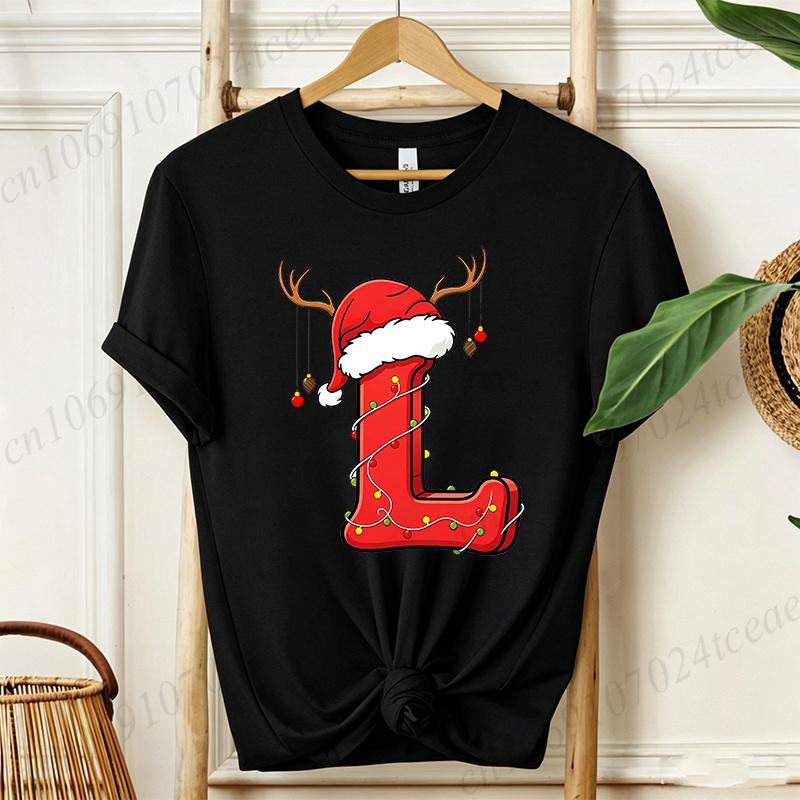 Cute Cartoon Xmas Initial A~Z Graphic T Shirts Christmas Reindeer Lights Print T-Shirts Holiday Party Family Matching Tshirts