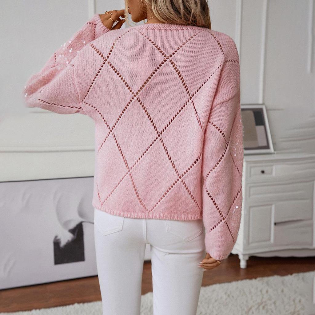 Women's Fall/Winter Design Lace-Up Sequined Knit Sweater Diamond-Patterned Oversized Pullover