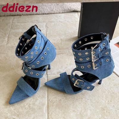 Fashion Ankle Buckle Fashion Denim Women Heels Sandals Shoes Female Open Toe Footwear Modern Ladies Heeled Sandals Boots Shoes Pumps