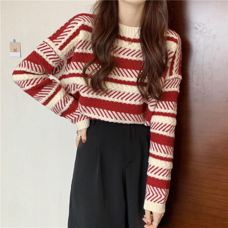 

Японский вялый полосатый свитер с круглым вырезом для женщин весна-осень свободный и универсальный темперамент, топ Design Sense Niche L красный