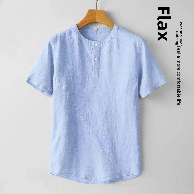 Casual Men's Cotton Linen Blouse Summer Spring O-Neck Button Short Sleeve Beachwear Holiday Blouse Tops
