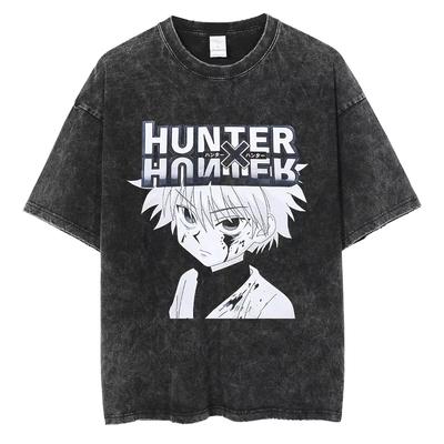 Anime HUNTERxHUNTER T Shirt Vintage Streetwear Harajuku  Printed Washed Graphic T Shirts Men Hip Hop Cotton Top Tees