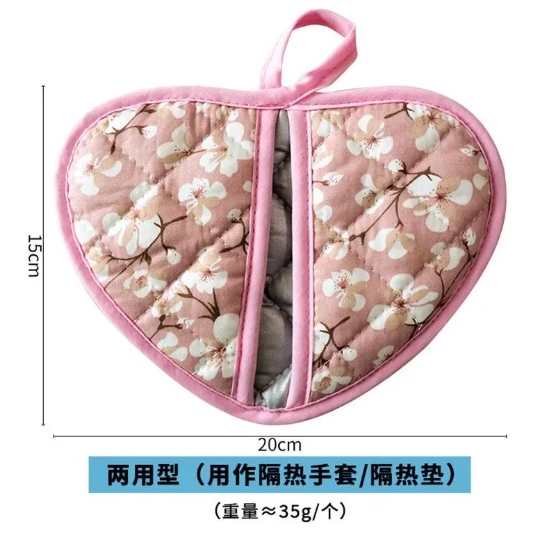 Květinové bavlněné tištěné pekařské rukavice pro domácí použití Kuchyňské odolné Srdíčkové držadlo Izolační podložka