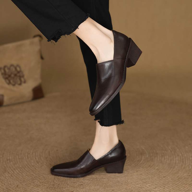 Krazing Pot Cow Skin Fashion Spring Autumn Thick High Heels Women Round Toe Office Lady Retro Fashion Pumps