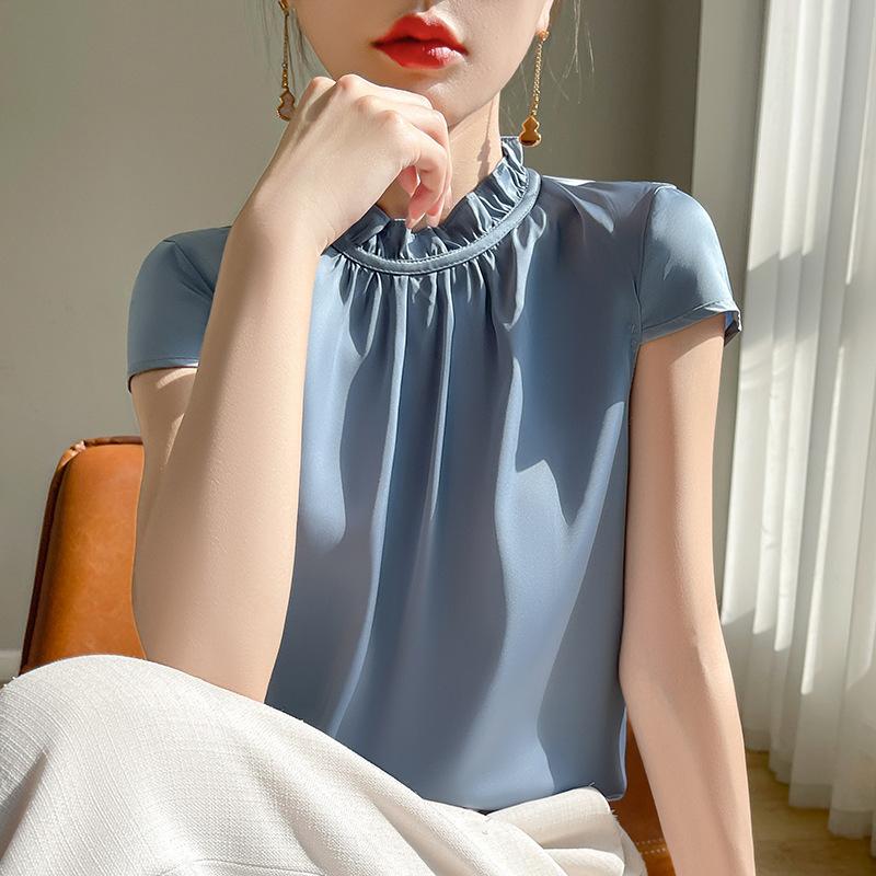 Summer Women's Silk Half High Neck Wooden Ear Side Design Solid Colour T-Shirt Top Camisole Short-sleeved Top