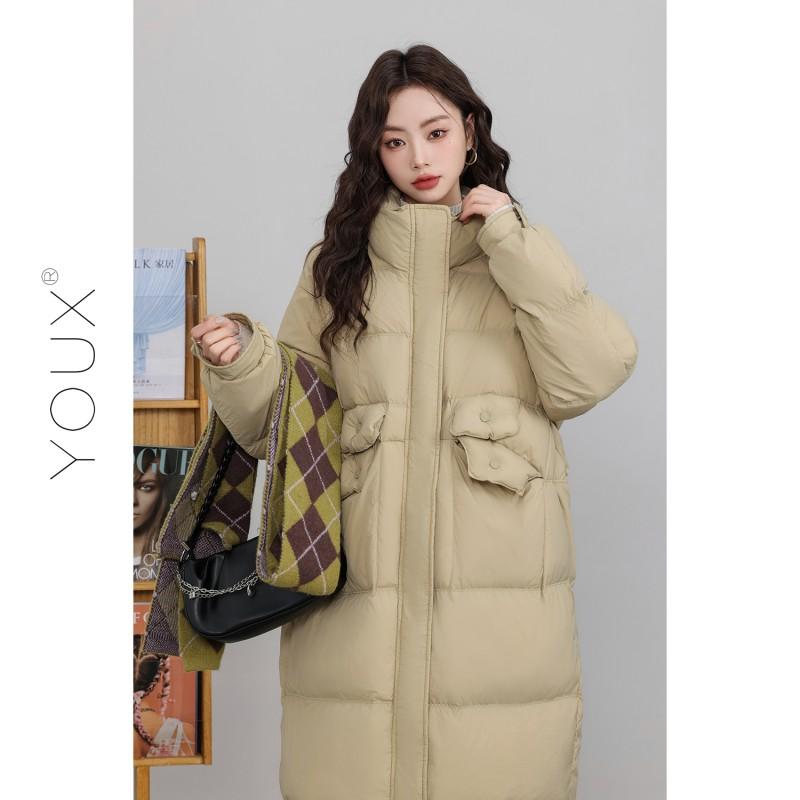 Womens Mid-Length Down Coat With Stand Collar White Duck Fill Candy Colors Slim Fit Winter 2025