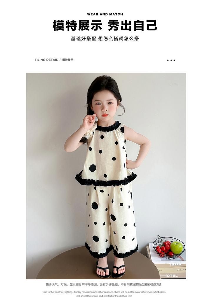 Girls' summer black bow polka dot doll shirt set, stylish and stylish, two cartoon wide leg pants for little girls