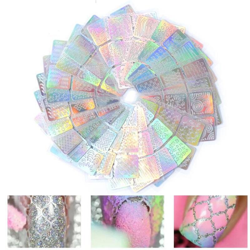 

12/6 листов винила полые наклейки для маникюра изогнутая волна лазерный наконечник шаблон для штамповки ногтей инструмент для ногтей