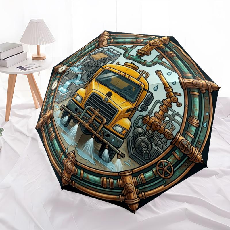 Industrial Water Treatment Truck Pattern Umbrella, Portable and Foldable Design, 8 Ribs, a Casual Accessory for Friend's Birthday Gifts.