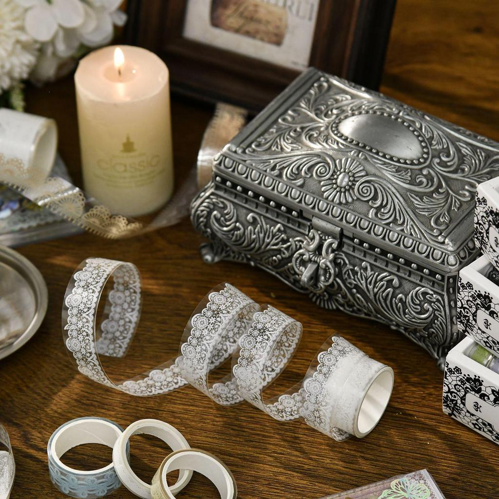 Transparent Die-Cut Lace Tape: Retro Collage Stickers, Waterproof PET, Artistic Journaling Roll.