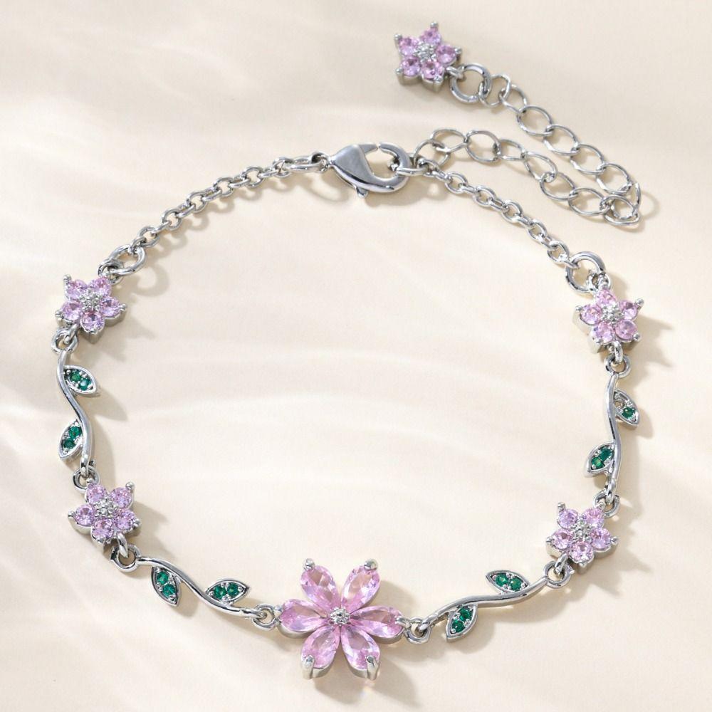 Luxury Pink Cubic Zirconia Chain Fashion Shiny Rhinestone Bangle  For Women