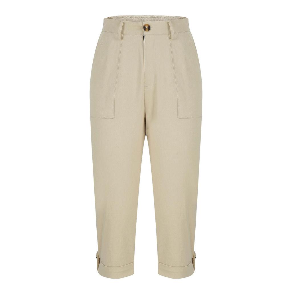 Women Casual Capri Pants High Waisted Rolled Cuff Ankle Pants Solid Color Pocket Detail Loose Fit Trousers