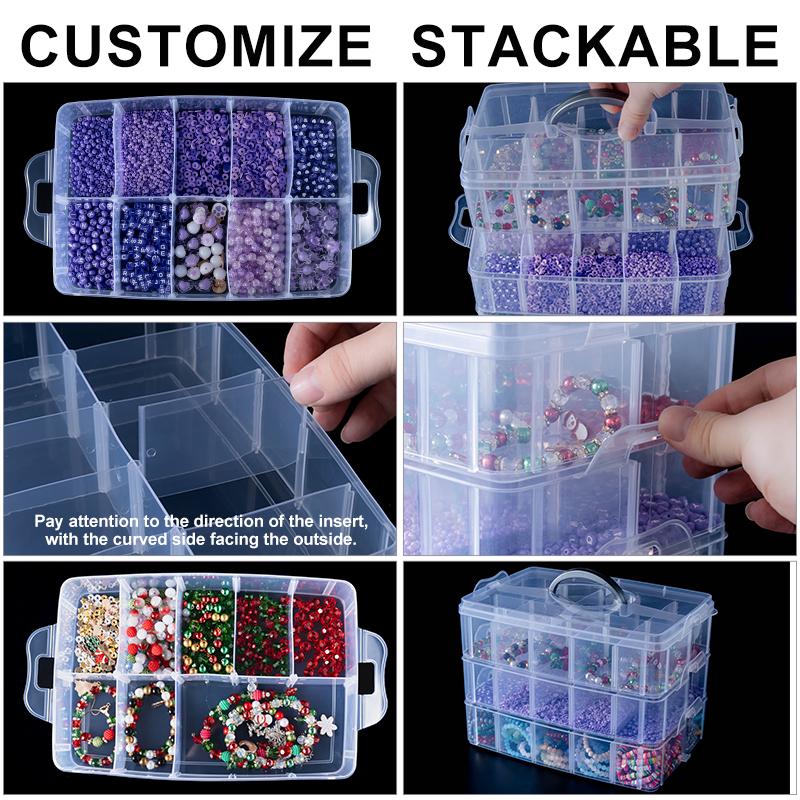 3-Tier Craft Storage Container, Stackable Organizer Box with Dividers for Art Supplies, Beads, Washi Tapes, Jewelry Accessories