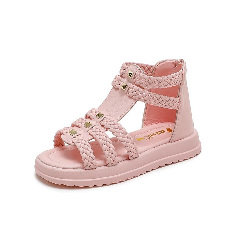 Stylish soft-soled peep-toe princess sandals for girls, suitable for kids of middle and older ages