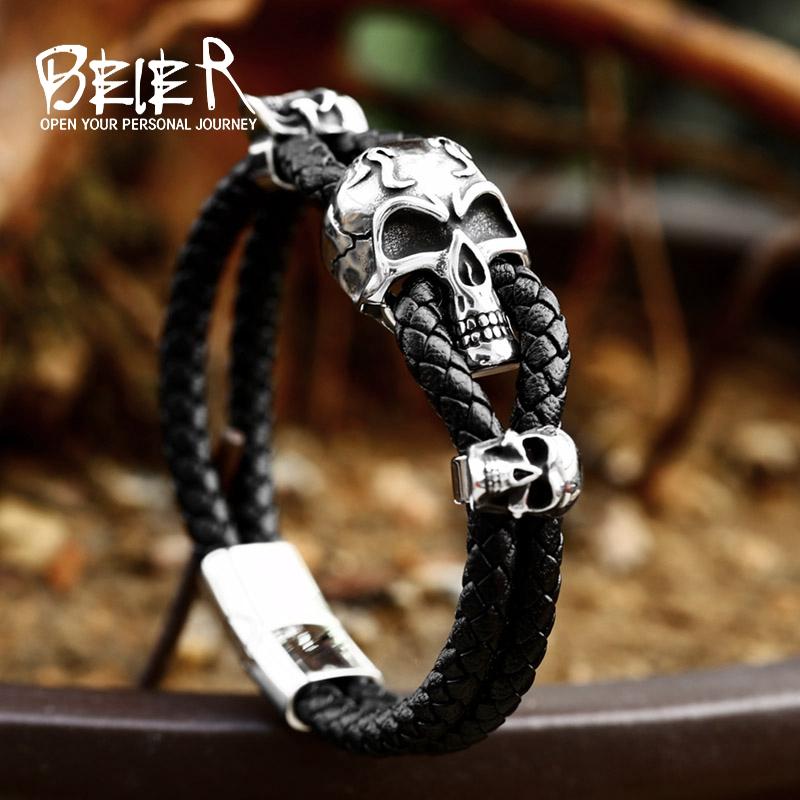 

BEIER 2023 New Design Stainless Steel Skull Leather Bangle Punk Biker Men s Bracelet Multilayer Braided Leather Accessories 24cm