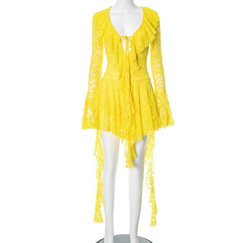 

Elsa European and American Women clothes Spring and Summer New Gyaru Sexy Lace Lotus Leaf Ribbon Long sleeve with Safety Shorts Dress Women Yellow S