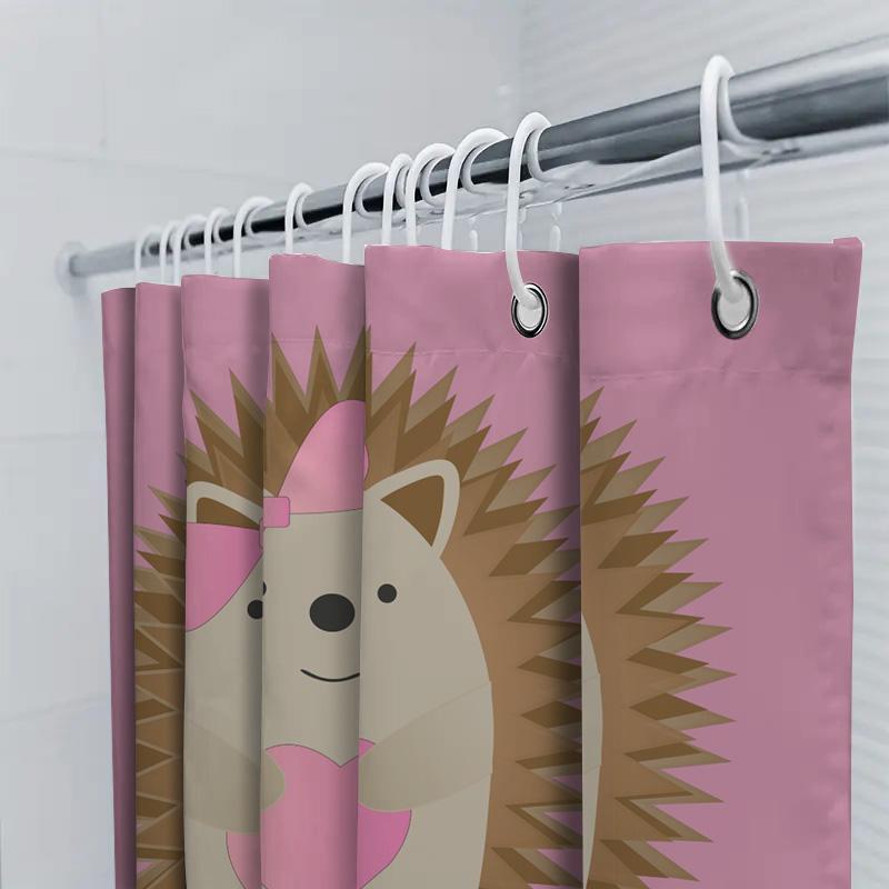 Cute Hedgehog Cartoon Shower Curtain For Bathroom Decor Pink Animal Design Waterproof Fabric Shower Curtains Set Home Decoration