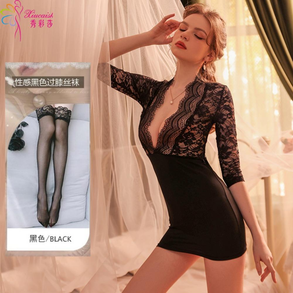 Sexy Underwear Private Room Temptation Secretary Uniform Autumn and Winter Short-sleeved Hip-wrapped Nightdress Casual Home Suit Pajamas Qqny