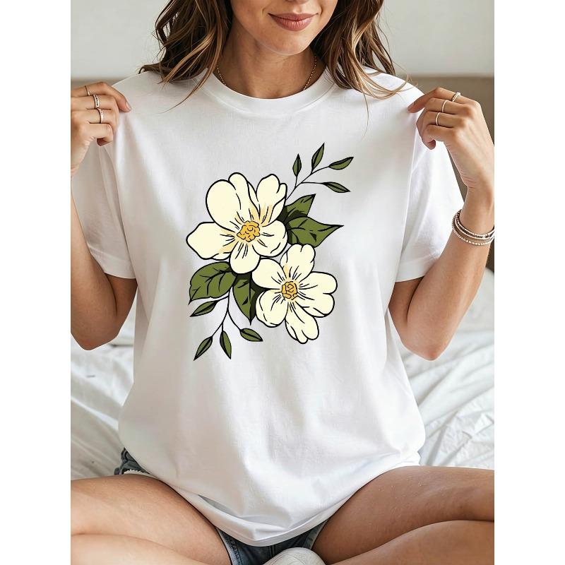 Minimalist Hand-Drawn Floral Print Women'S Summer T-Shirt, Daily Outfit Art Scene, Fresh Artistic Style, Casual Versatile Top