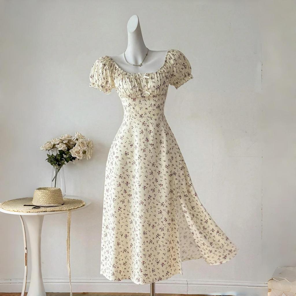 European American Women's Summer 2026 Floral Square Neck Lace-Up Ruffle Dress