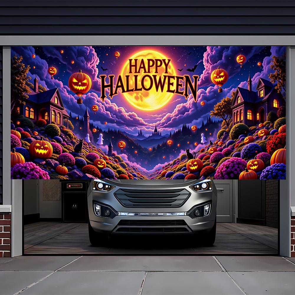 Halloween Magic Manor Garage banner, glossy polyester material, "Happy Halloween", black cat, bat, pumpkin lantern design