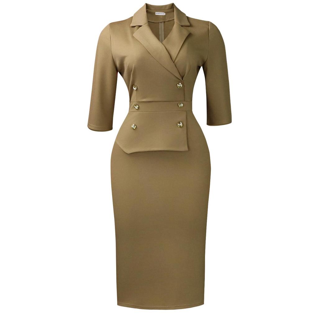 Plus-Size Elegant Double-Breasted Hip-Hugging High-Waisted African Dress with Lapel and 3/4 Sleeves