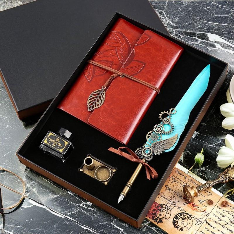 Vintage Feather Dip Pen Set With Notebook Creative Gift Students Teachers Business Use
