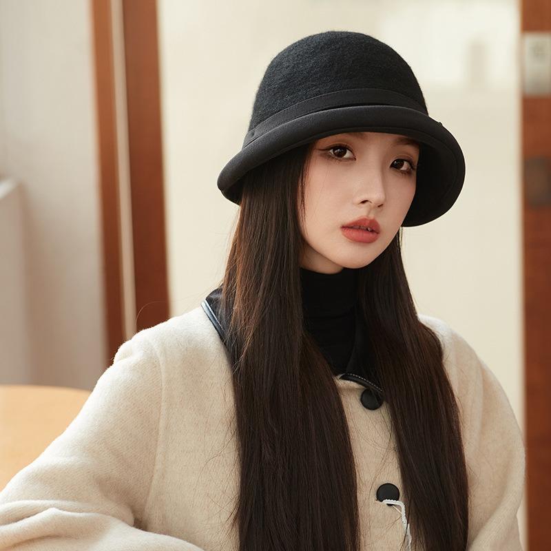 French Style Splicing Fisherman Hat Winter Warm Bow Decor Elegant Lady Hat