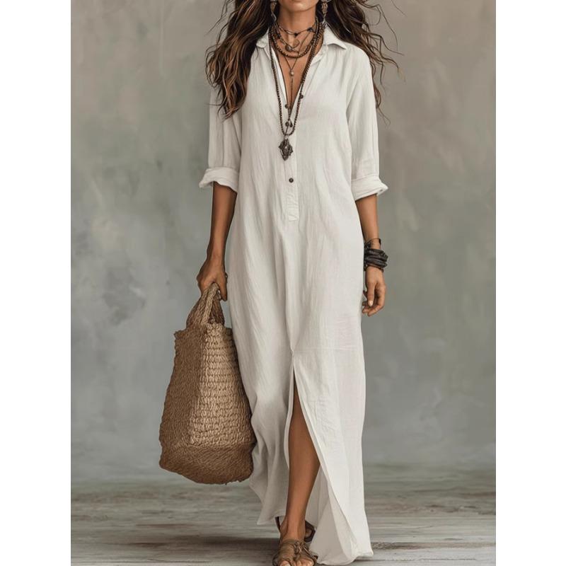 2026 Vestito da Donna Casual Ampio Elegante Boho Monocolore Semplice Spacco Laterale Manica Lunga Vestito da Festa Vestito Camicia Aderente Abiti da Ufficio per Donna