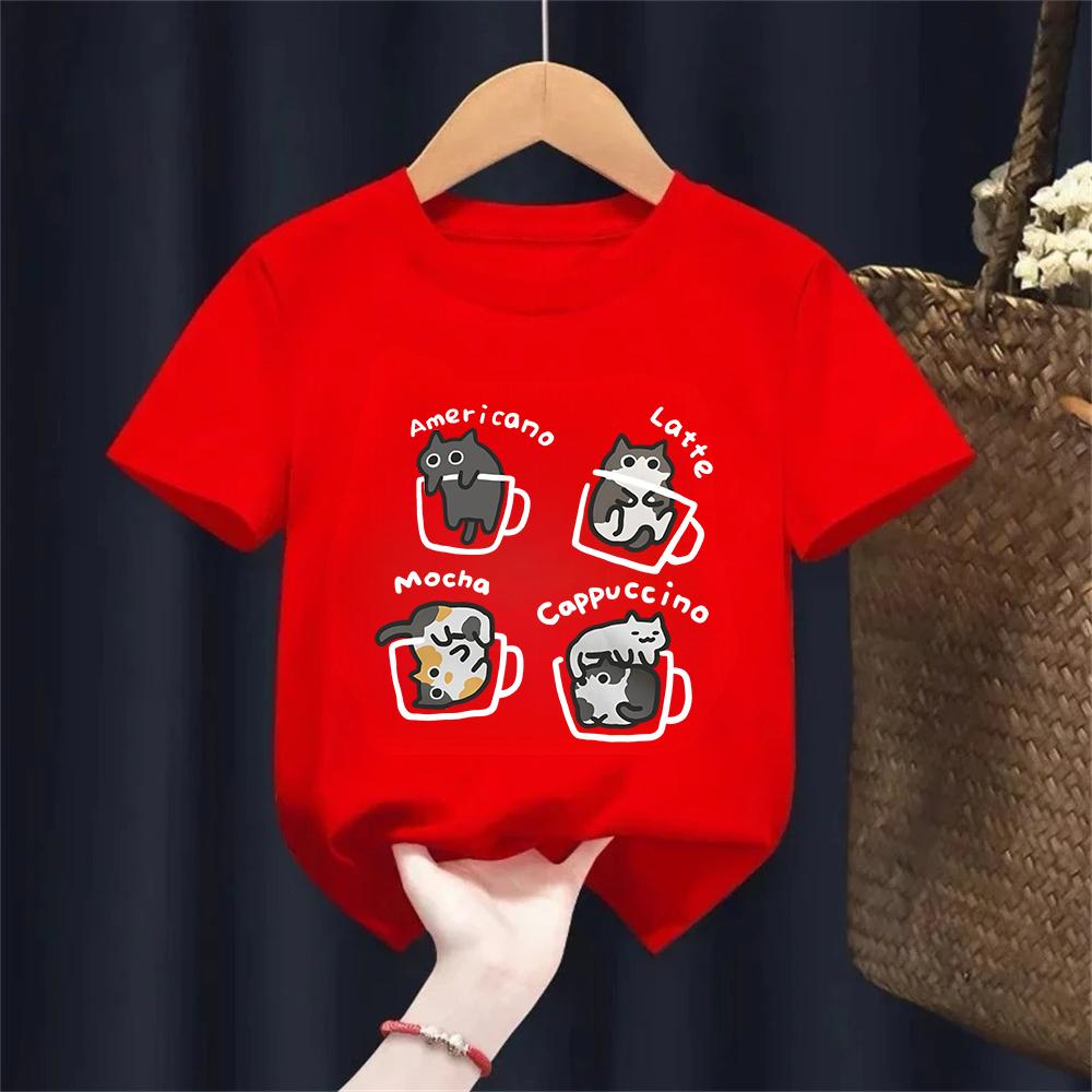 Cat Coffee Pure Cotton Trendy Summer Kids Short Sleeved T-shirt Boy/Girl Original Mocha Latte Cat Three Flowers Fun Cat Tees