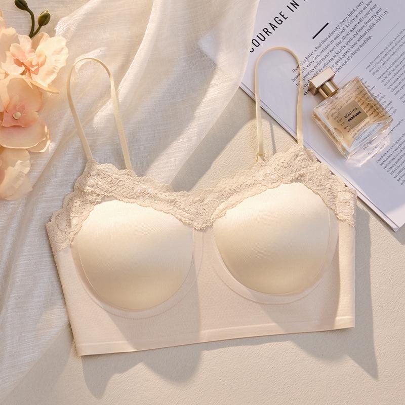 Seamless Satin Back Lingerie Women's Gathering French Style Bra Lace Suspender One-piece Fixed Cup Bra Thin Vest
