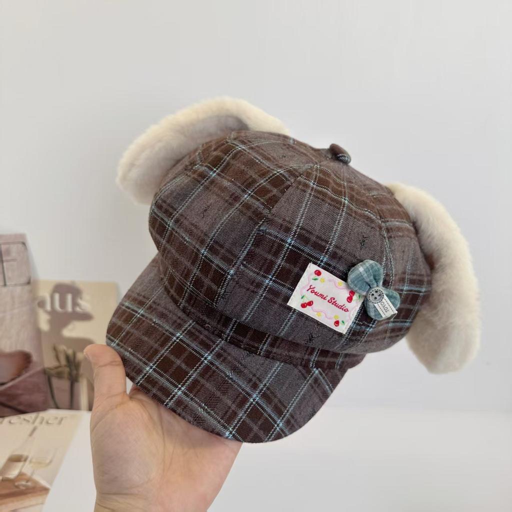 New Cute Plush Rabbit Ear Bow Plaid Octagonal Hat Children Versatile Spring and Summer Sunshade Travel Beret Tide