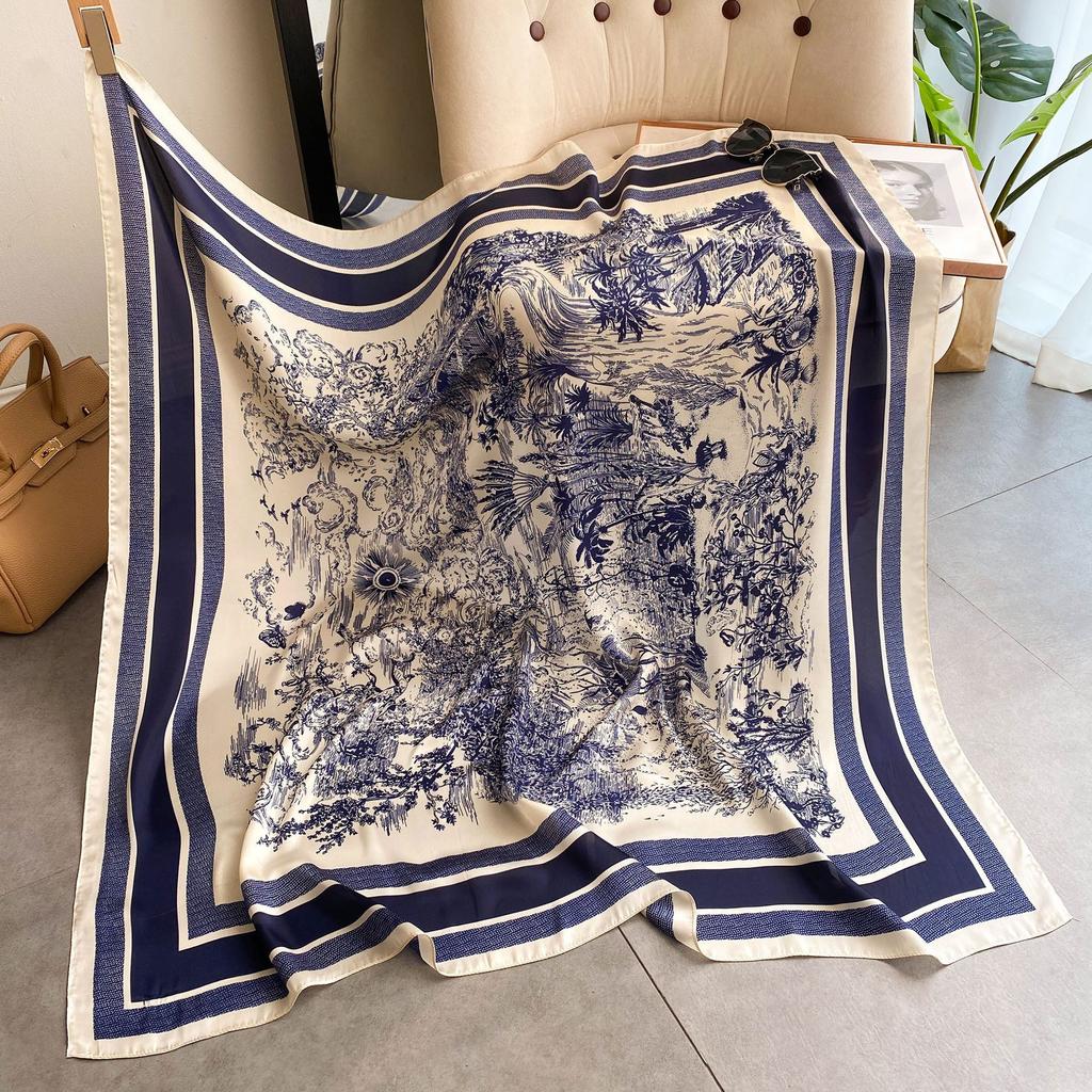 Simulation Silk Scarf Women'S 110Cm Plain Weave Square Scarf Versatile Printing Decorative Sunscreen Shawl Summer