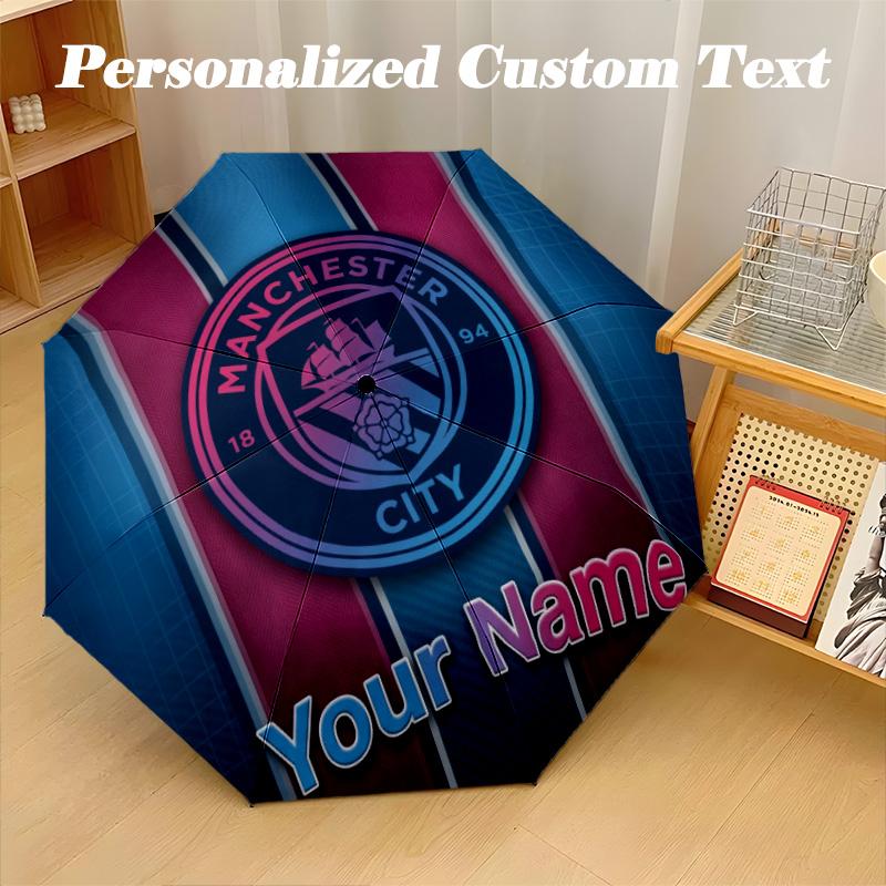 8 Rib Auto Folding Umbrella Manchester City Print Custom Name Text Portable Rain Gear