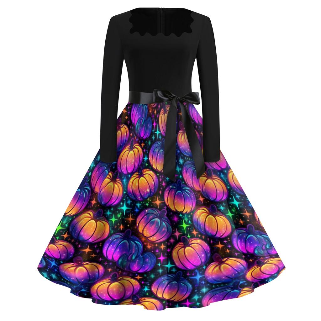Women's Casual Vintage Dress with Halloween Print Square Neck for Daily Wear