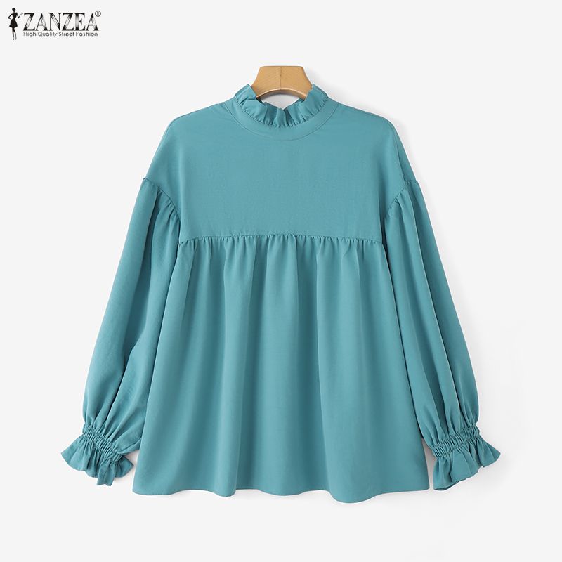 ZANZEA Women Casual Round Neck Loose Puff Long Sleeve Blouse