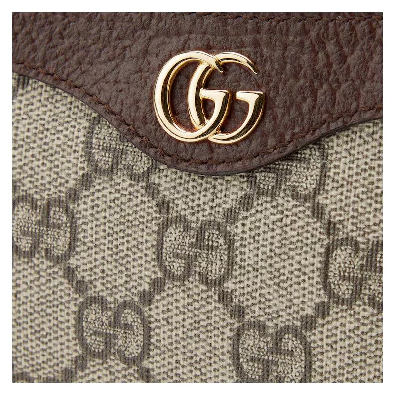 Gucci Ophidia Double G Gold Hardware Brown Leather Trim Handbag Mini Women's Beige and Ebony