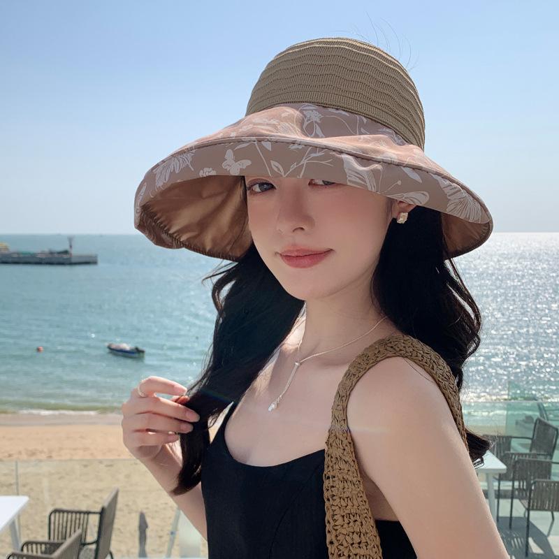 Summer sunscreen visor children empty top knitted big edge sun hat UV protection summer foldable