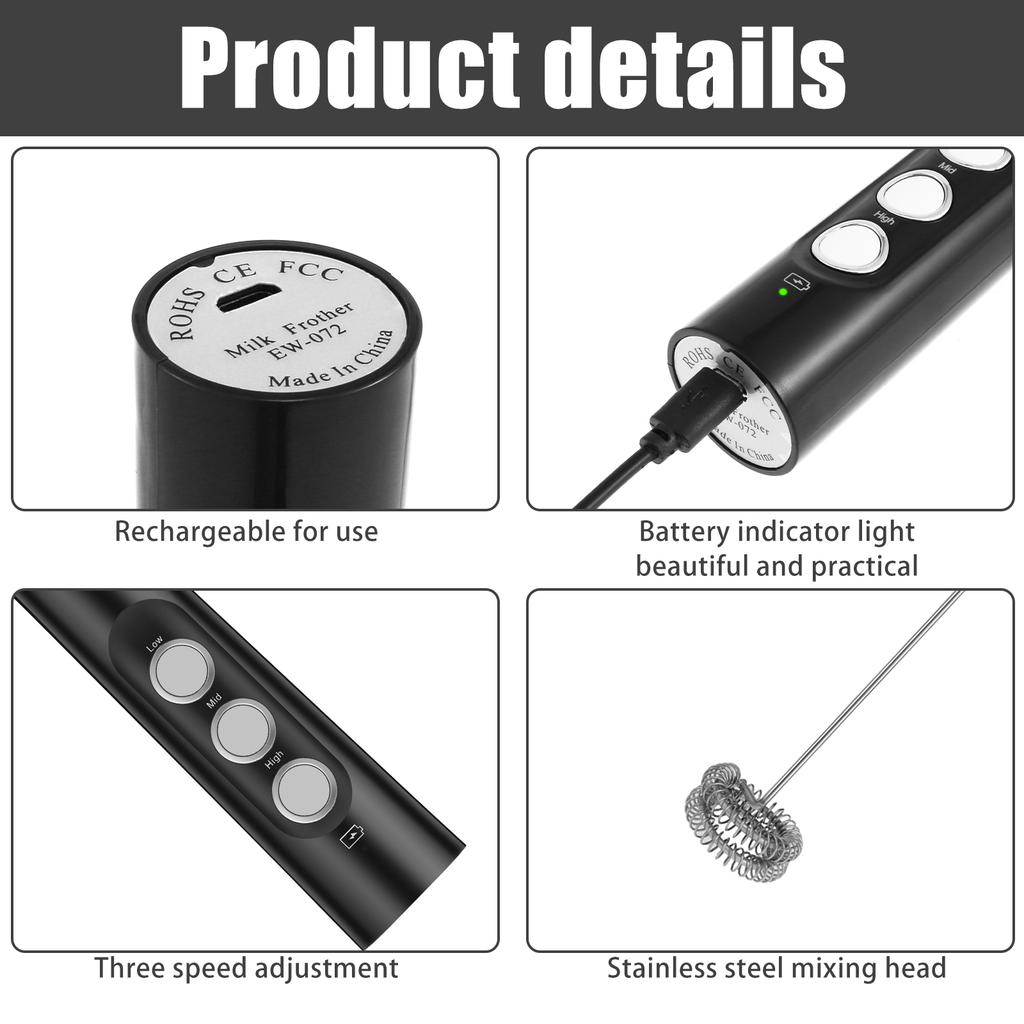 Handheld Electric Milk Frother with 2 Heads, Coffee Whisk Foam Mixer with USB Rechargeable 3 Speeds, Foam Maker Blender