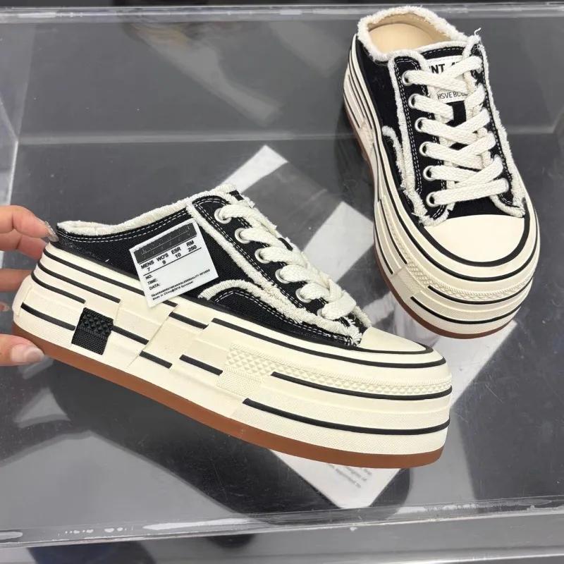 Women's Slippers Canvas Platform Sole Lace-up Decoration Round Toe Women's Mules Leisure Dress One Kick 2025 Zapatillas De Mujer
