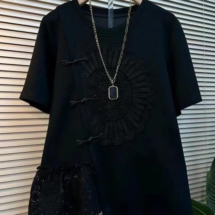 Summer Lace Patchwork Irregular Loose T-Shirts Short Sleeve Plus Size Street Casual Tops Vintage Women Clothing