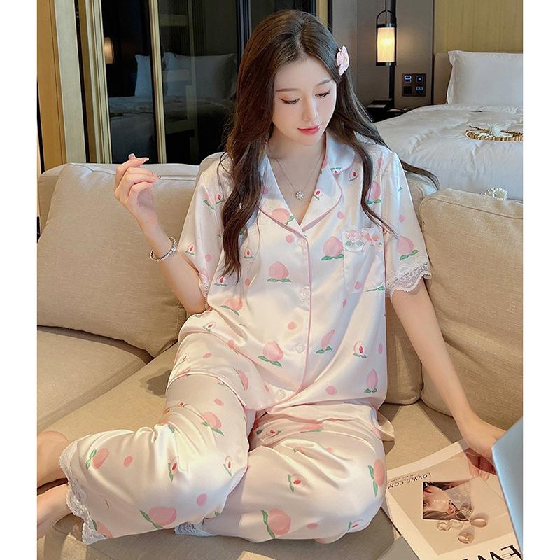 Peach Lace Pajamas Women'S Summer Ice Silky High-End Short-Sleeved Trousers Sweet Home Set