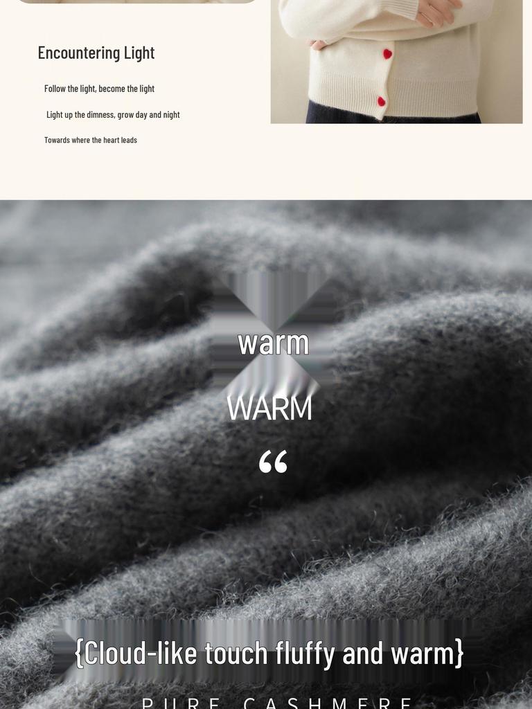 Women's Cashmere Round Neck Cardigan - Soft Knitwear with Heart Buttons, Versatile Base Layer Top, Solid Color Casual Outerwear
