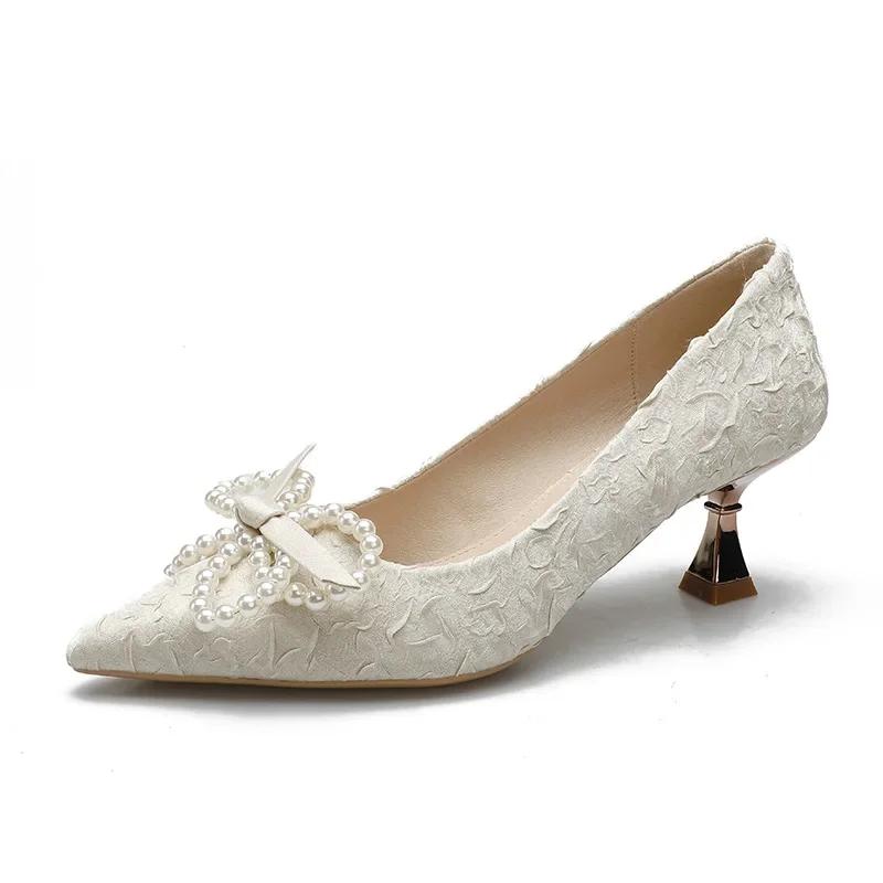 Fashion 2025 French White High Heels Women's Stiletto Pointed Shoes Pearl Bow Small Heel Shoes