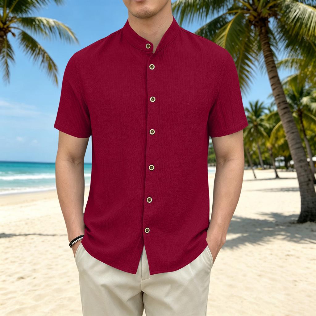 Men's Casual Loose Fit Short Sleeve Shirt Stand Collar Button Front Lightweight Summer Top