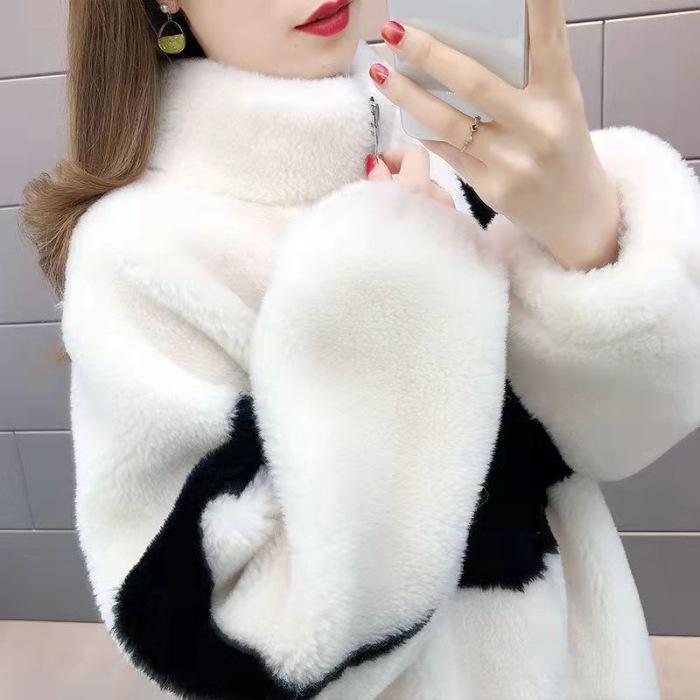 Women's Plush Korean-Style Loose Coat: Spliced, Thickened, for Autumn & Winter Fashion 2023