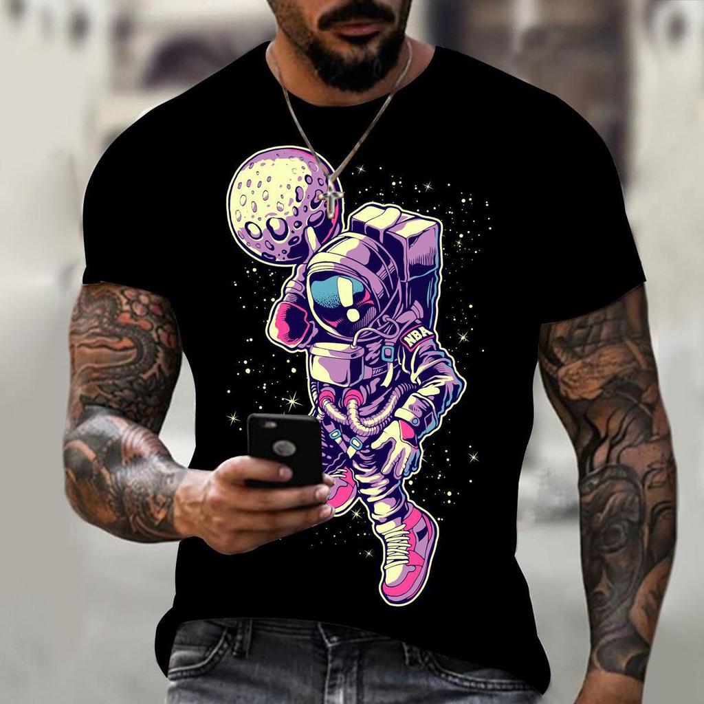 T-shirt z grafiką kosmiczną: Astronauta Koszący Księżyc, Swobodny T-shirt z Krótkim Rękawem